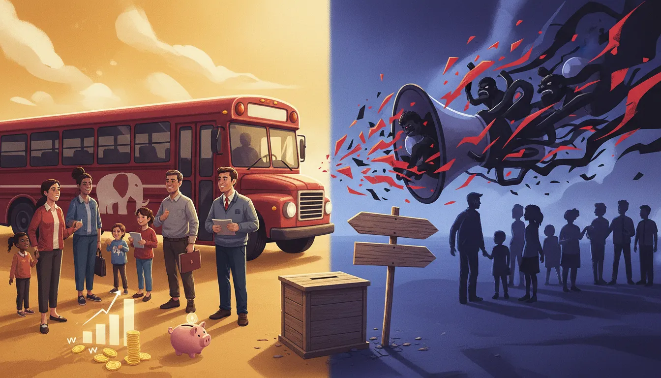 Editorial illustration of a campaign bus and voters symbolizing affordability facing a jagged megaphone of polarizing ads with a ballot box between them.