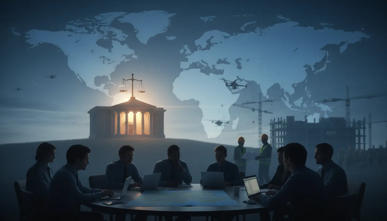 Cinematic illustration of a courthouse and scales over a map of the Americas with silhouettes of coordinated security teams and civilians rebuilding under warm light