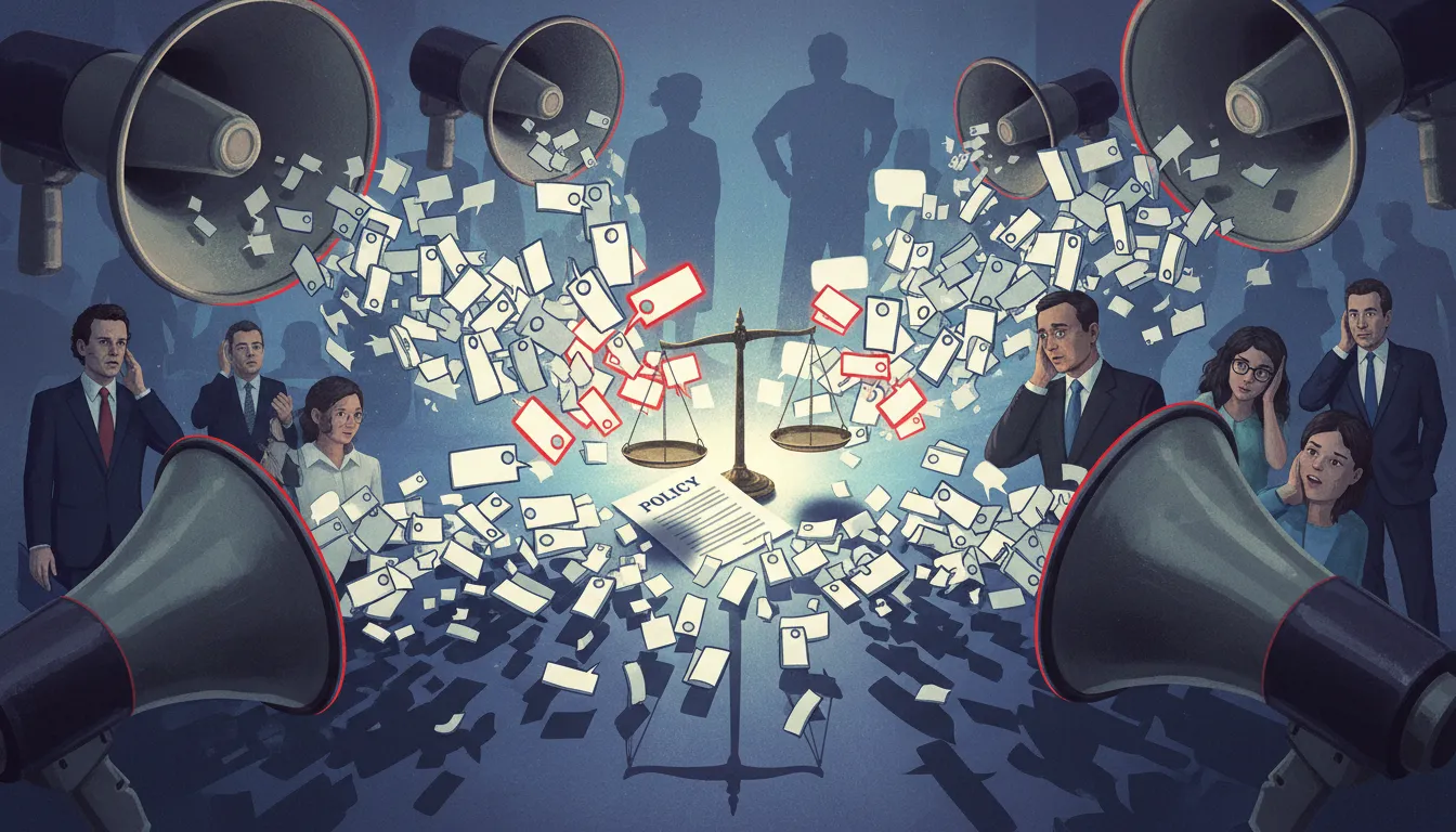 Oversized megaphones and repeating blank name-tags drowning out a small policy paper and scales of justice, symbolizing media name-calling overshadowing policy debate