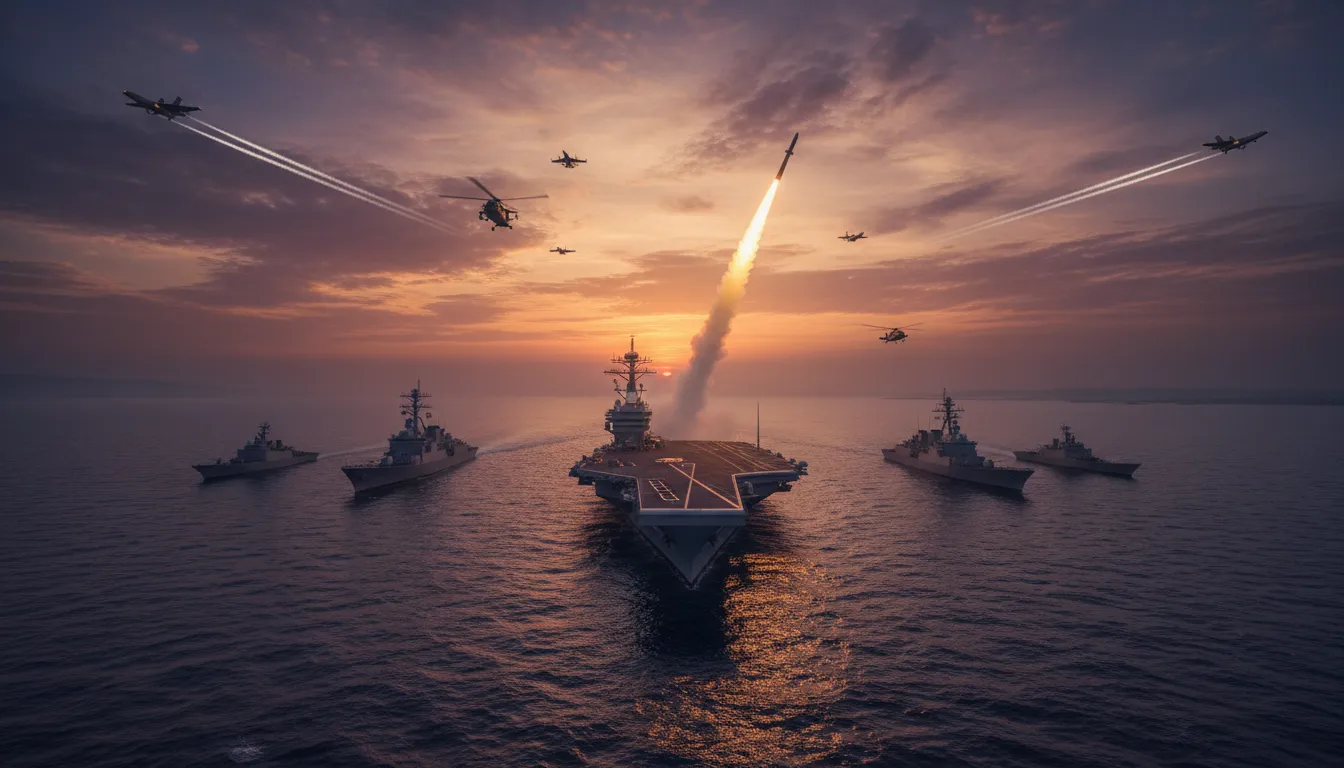 Aerial view of a tense naval standoff in the Strait of Hormuz at dusk with warships, a missile launch, and fighter jets under a stormy sky.