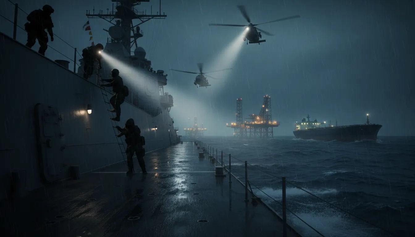 Nighttime maritime raid: U.S. special forces escort a detained figure aboard a ship with offshore oil rigs and a tanker in the background