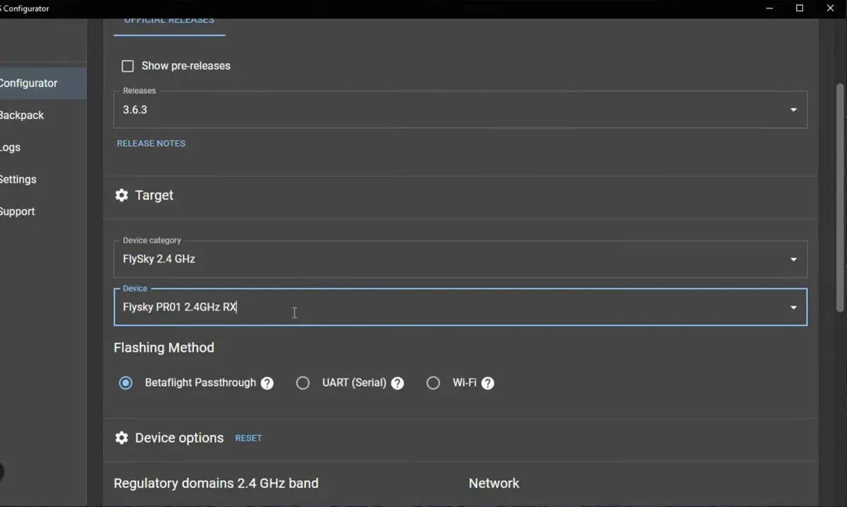 Clear screenshot of ExpressLRS Configurator with 'Flysky PR01 2.4GHz RX' selected and flashing method options shown