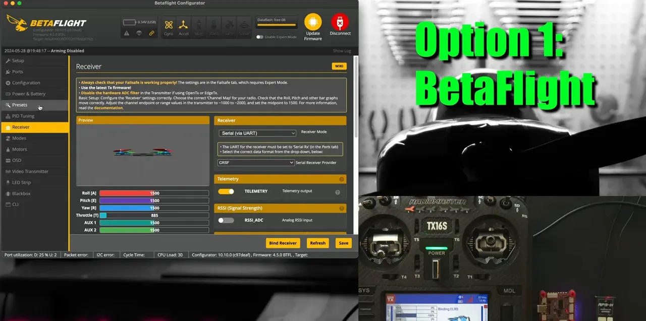 Betaflight Configurator Receiver tab showing CRSF as Serial Provider and a Bind Receiver button alongside the radio and receiver hardware