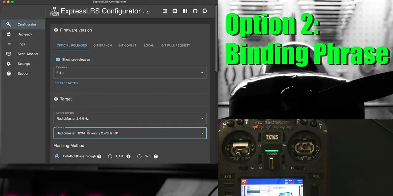 ExpressLRS Configurator window on a computer showing Firmware version and Target selection (device and flashing method), with a TX16S radio pictured at bottom-right and green 'Option 2: Binding Phrase' title overlay.