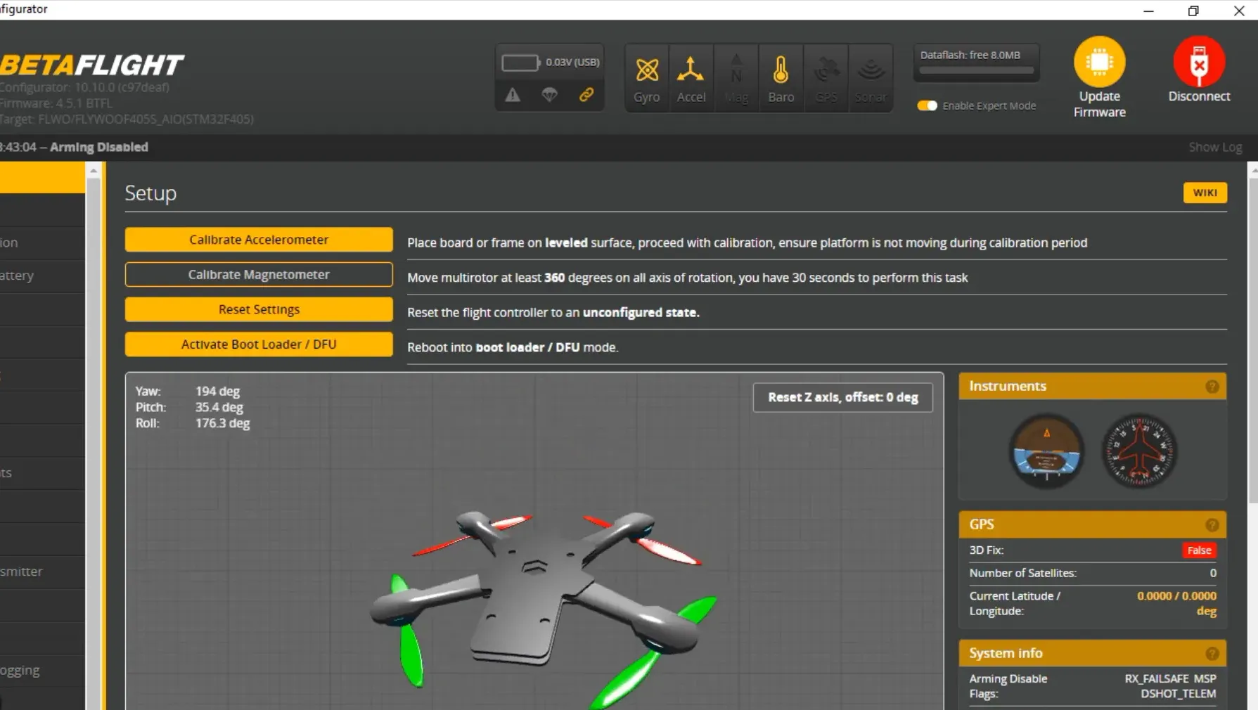 Betaflight setup screen showing Firefly16 configuration