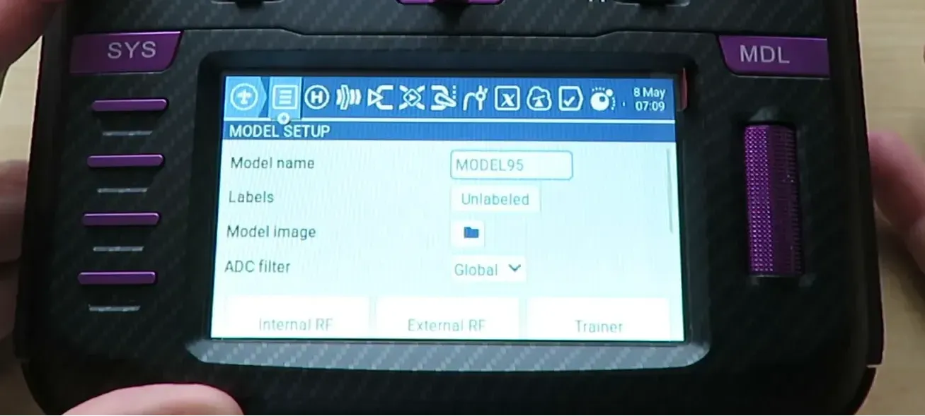 Model setup screen on the TX16S