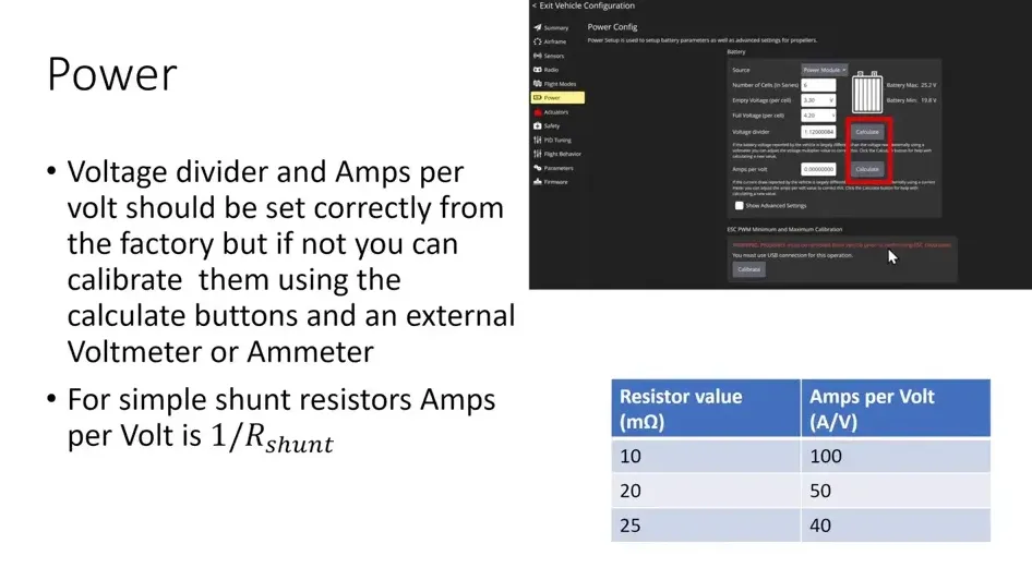 QGroundControl Power Config screen with Calculate buttons highlighted and a slide explaining volts-per-volt (amps per volt) calibration, presenter inset at the right