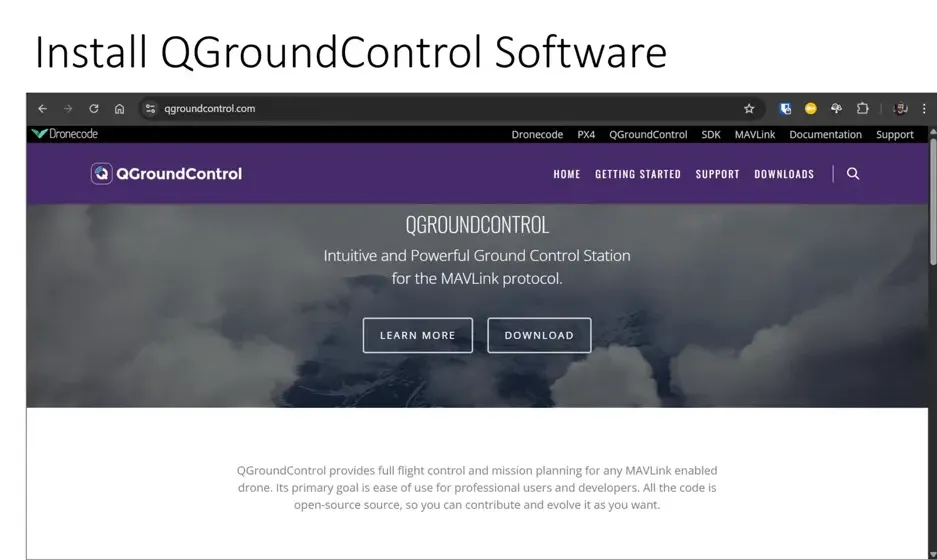 Slide 'Install QGroundControl Software' with a clear screenshot of the QGroundControl homepage and a small presenter window at the right