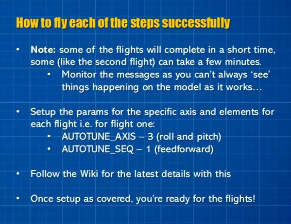 Presenter holding a pink model helicopter with the 'Configure the AUTOTUNE Settings in Ardupilot' slide visible showing bullets for setup and GCS message checks
