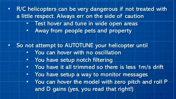 High-quality screenshot of presenter holding a small RC helicopter with a readable AutoTune safety/warning slide