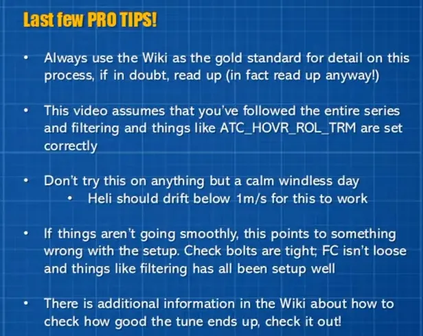 Well-lit presenter holding a pink RC helicopter with a readable 'Ardupilot Helicopter Tuning Process Explained' slide listing AutoTune prerequisites and tips