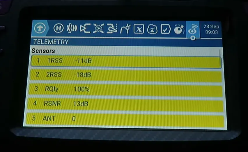 Well-framed EdgeTX telemetry screen clearly showing sensor names and values (RSS, RQly, RSNR, ANT)