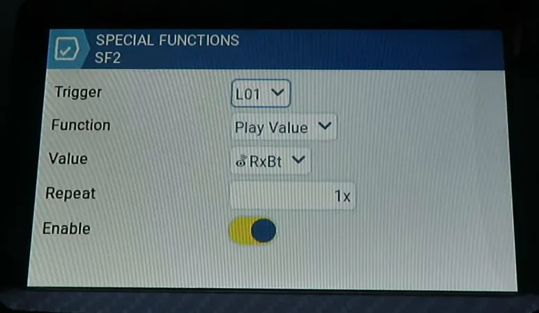 EdgeTX Special Functions screen with Trigger L01, Function Play Value and Value RxBt selected
