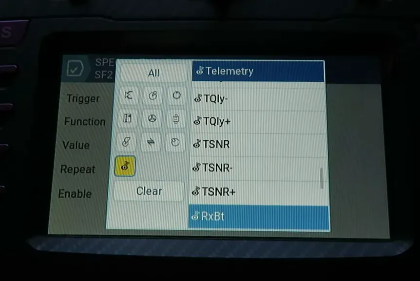 Telemetry selection menu on EdgeTX with RxBt highlighted and ready to assign to Play Value.
