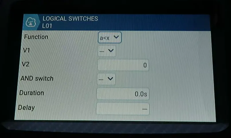 Clear EdgeTX Logical Switches screen (L01) showing Function set to a<x and fields for V1, V2, Duration and Delay