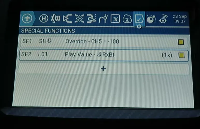 EdgeTX Special Functions screen centered, showing SF1 override and SF2 Play Value - RxBt
