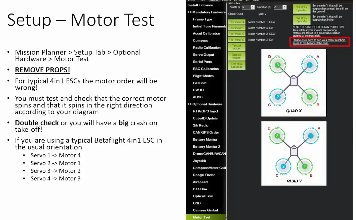 Testing motor order and direction in Mission Planner