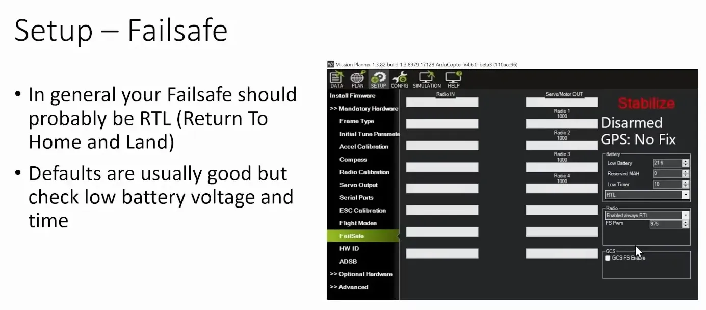 Configuring failsafe settings in Mission Planner