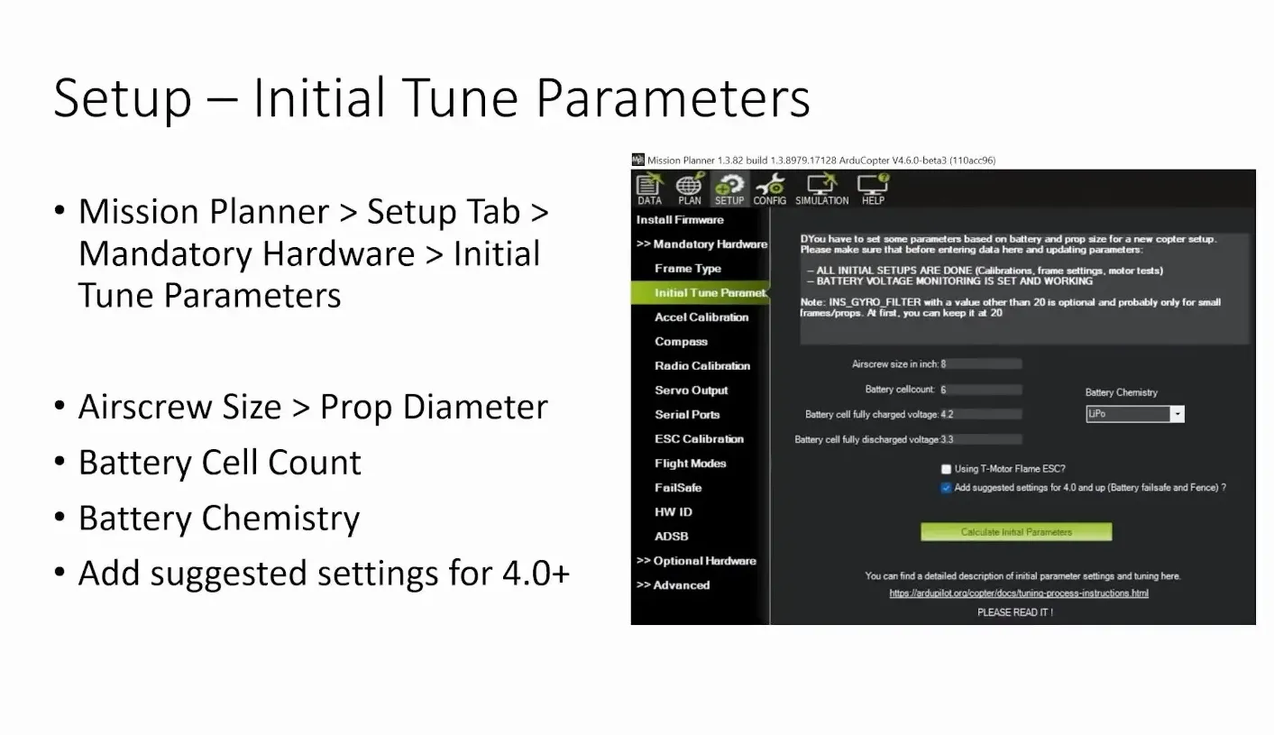 Setting up initial tune parameters in Mission Planner