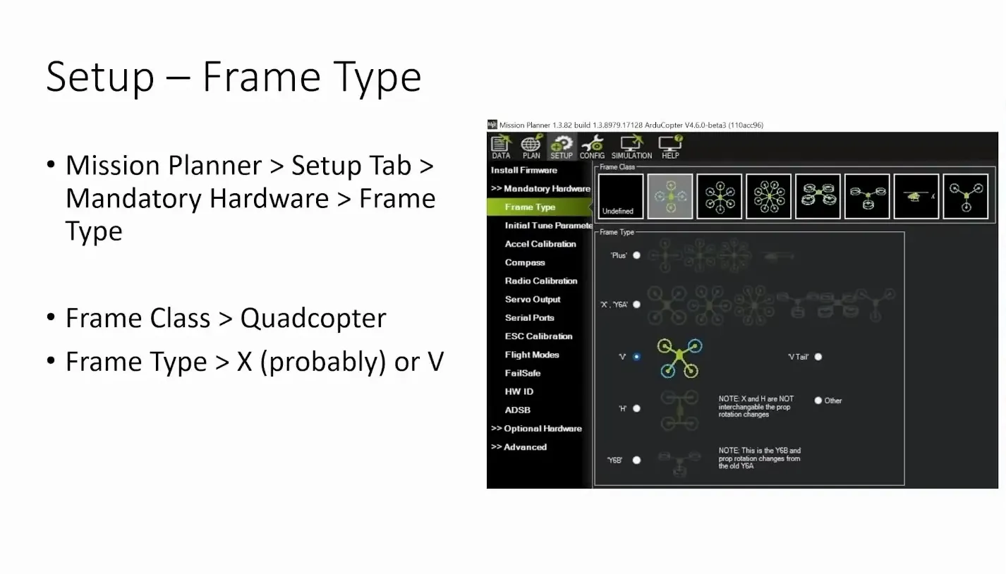 Selecting frame type in Mission Planner