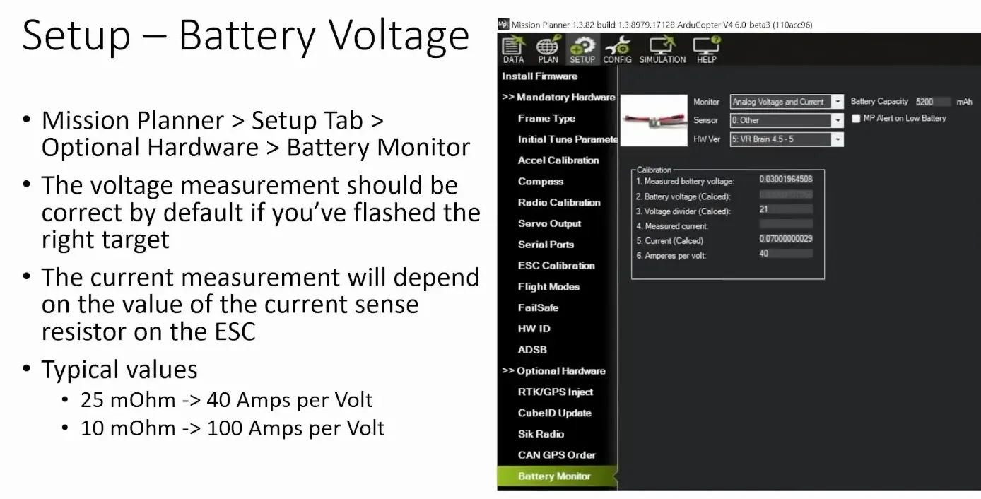 Setting battery monitoring parameters in Mission Planner