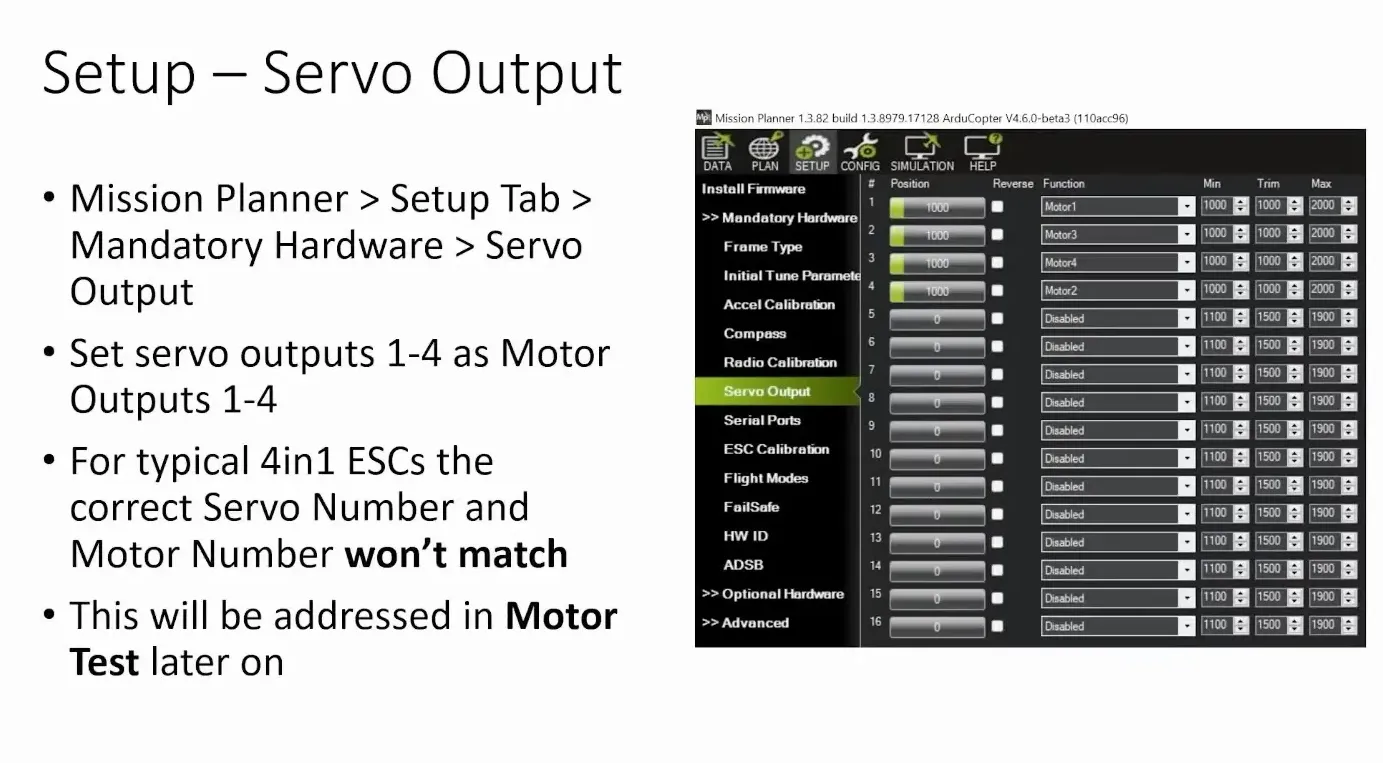 Setting servo outputs for motor calibration