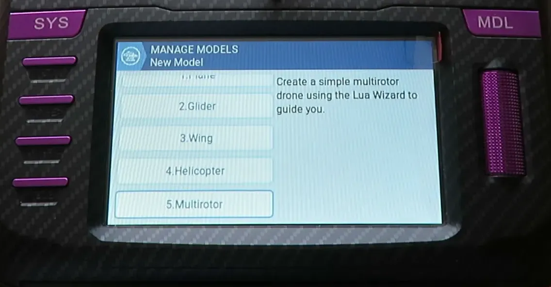 Wizard selection showing model types including Multi Rotor
