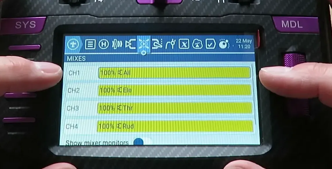 Mixer screen showing aileron, elevator, throttle, rudder channels
