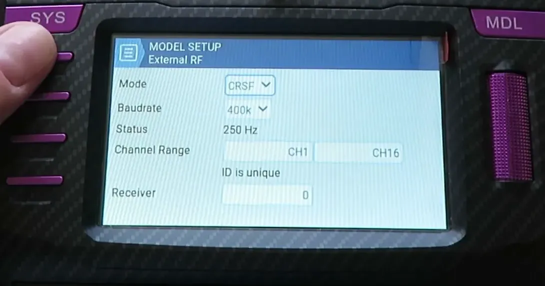 System menu with external RF settings for ExpressLRS/CRSF