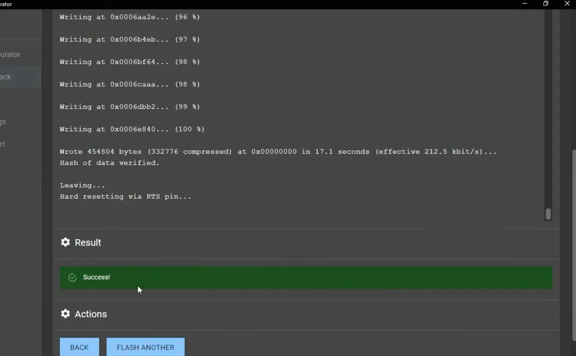 ExpressLRS Configurator screen showing flashing console output and a green success indicator in the Result area.