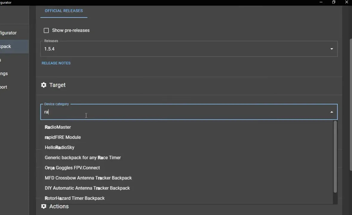 ExpressLRS Configurator with the Device category dropdown open showing a list including RadioMaster.