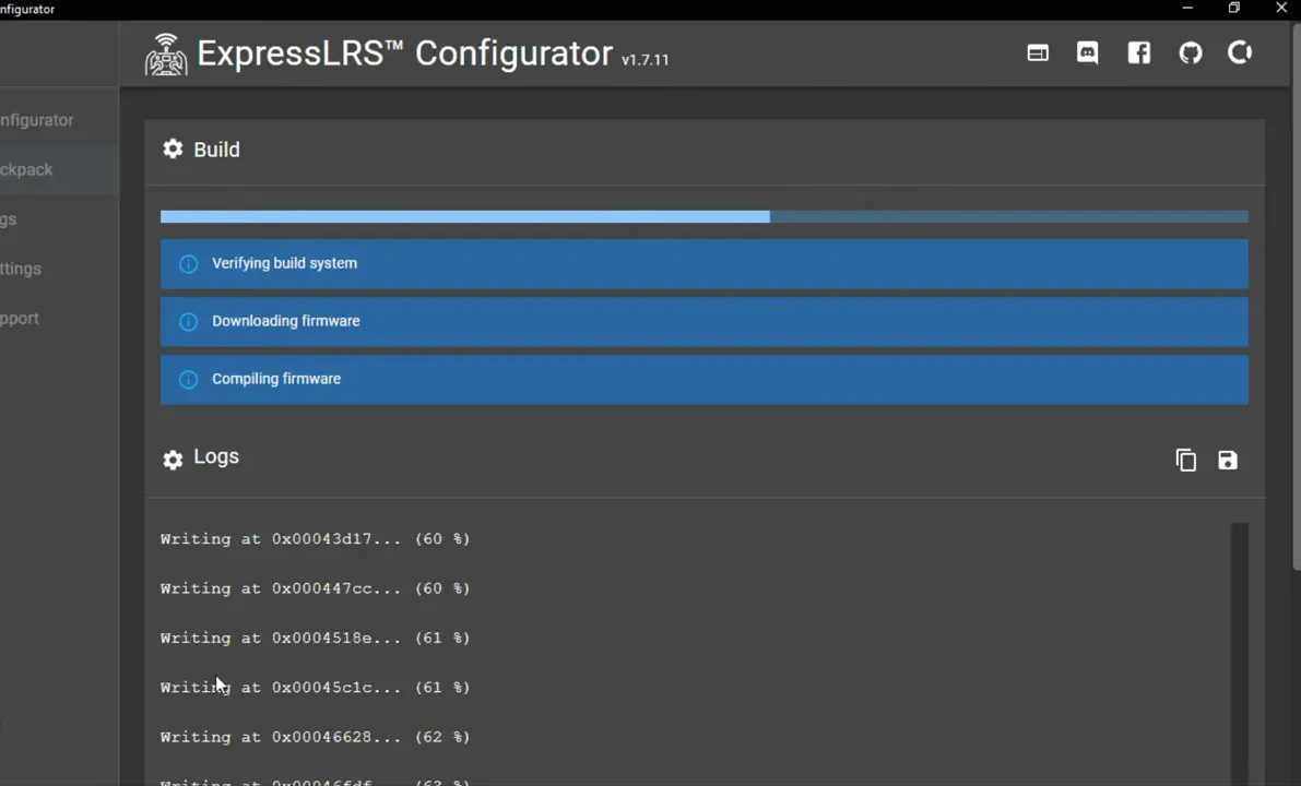 ExpressLRS Configurator Build screen with the Logs area showing multiple 'Writing at 0x...' entries and progress approximately 60%.