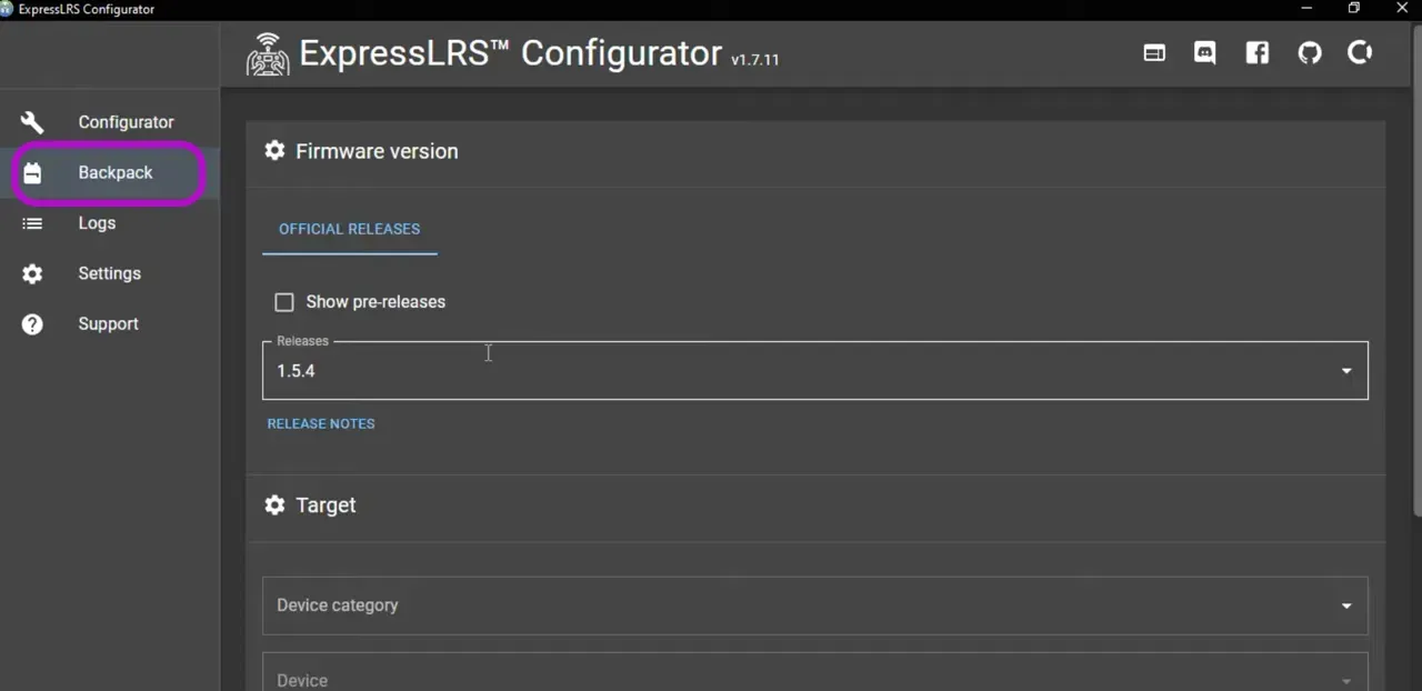ExpressLRS Configurator with the 'Backpack' sidebar item highlighted and the Releases field set to 1.5.4.