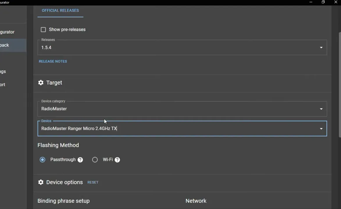 ExpressLRS Configurator with Device category set to RadioMaster, Device set to 'RadioMaster Ranger Micro 2.4GHz TX', and the Passthrough flashing method selected.