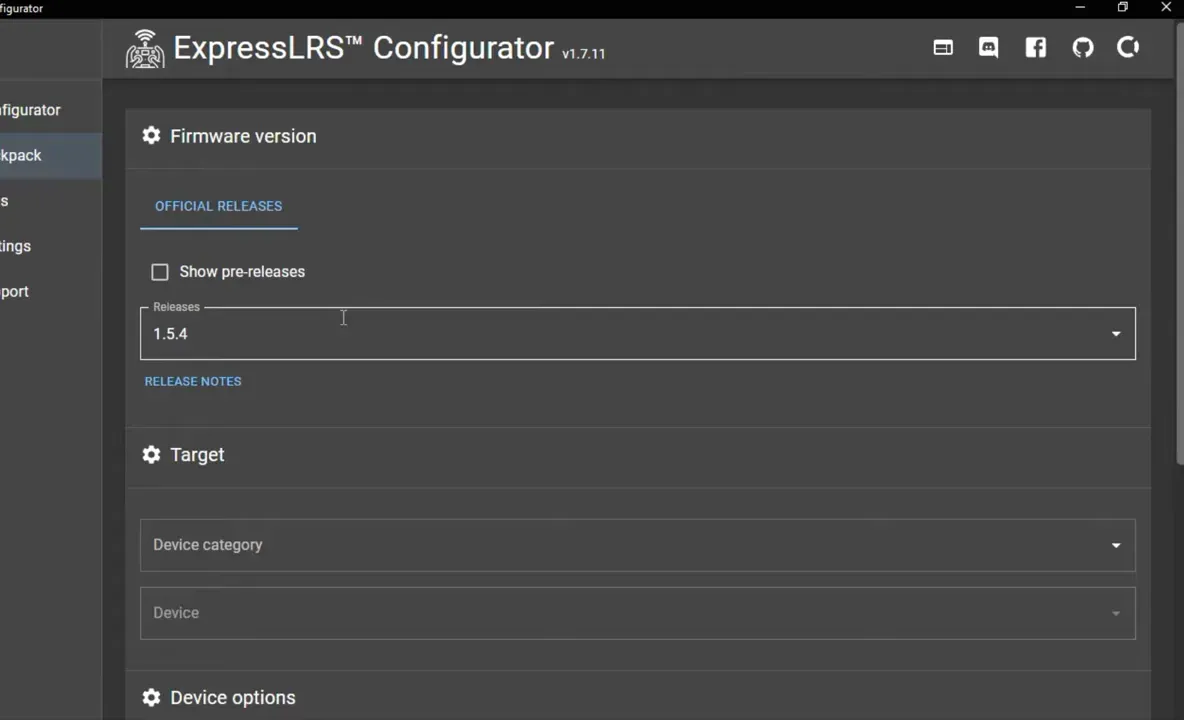 ExpressLRS Configurator screen with the Firmware version section showing release 1.5.4 selected and the Target section visible.