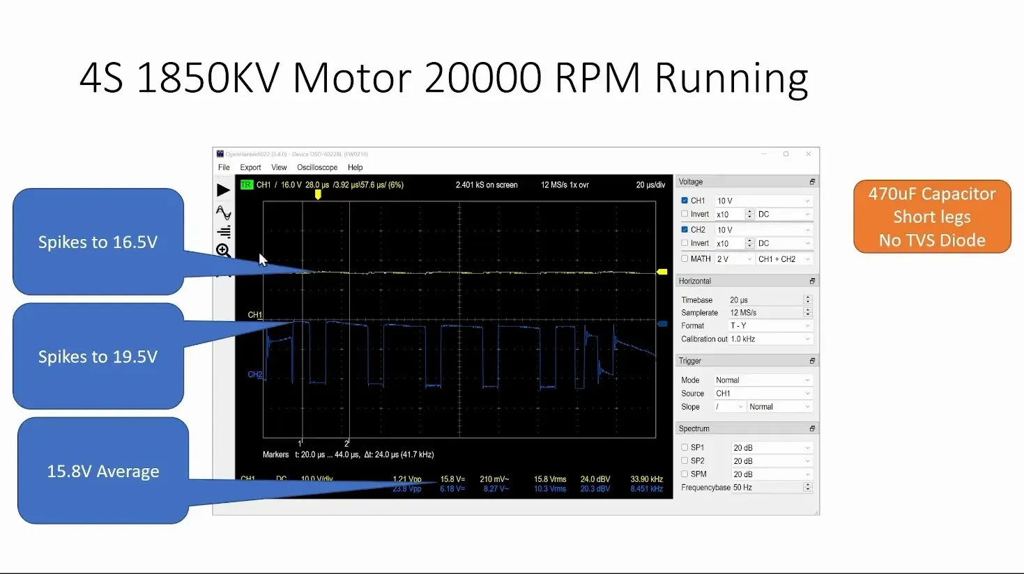 Oscilloscope showing reduced spikes with 470uF capacitor short legs