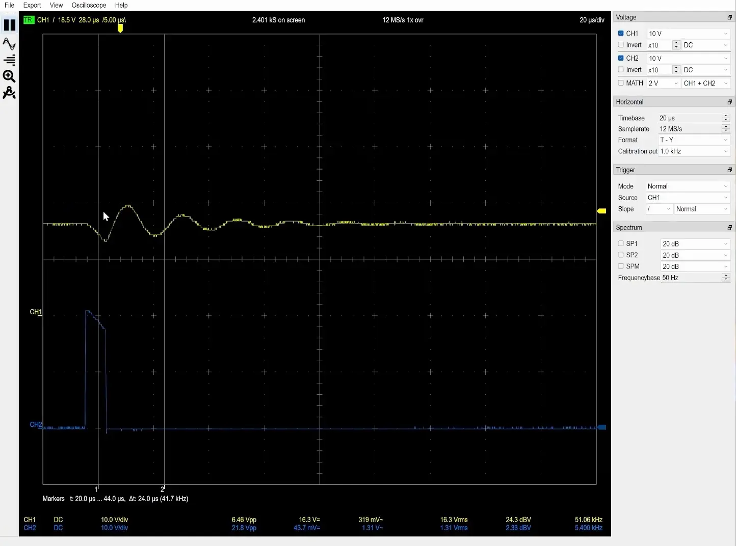 Oscilloscope showing voltage spikes from ESC beeping and motor spin