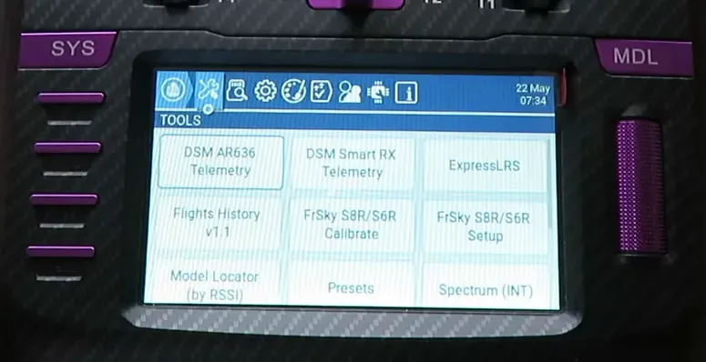 EdgeTX radio showing main system menu icons