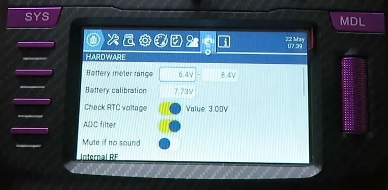 Hardware tab showing battery calibration and RF module settings