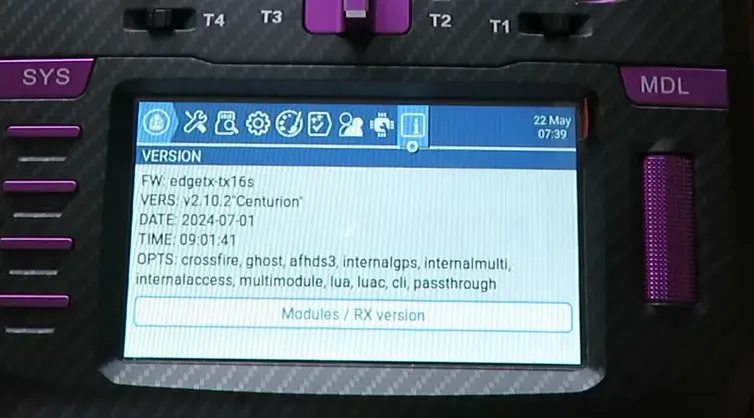 Information panel listing EdgeTX version and module firmware