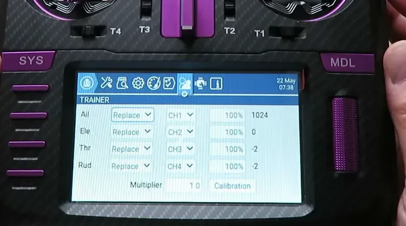 Trainer setup screen ready for configuring master and slave radios