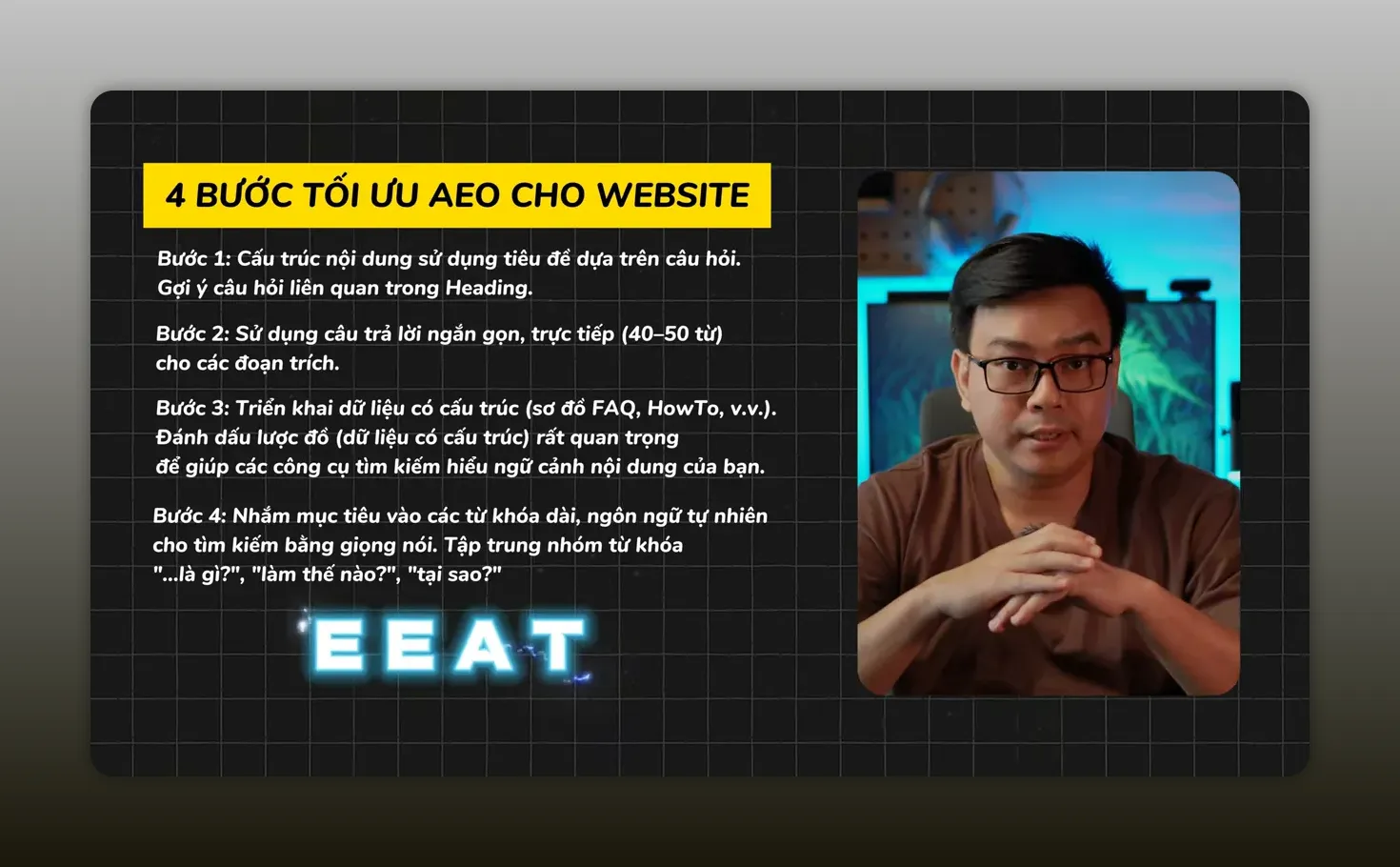 Bảng tóm tắt bốn bước tối ưu AEO cho website kèm chữ E E A T