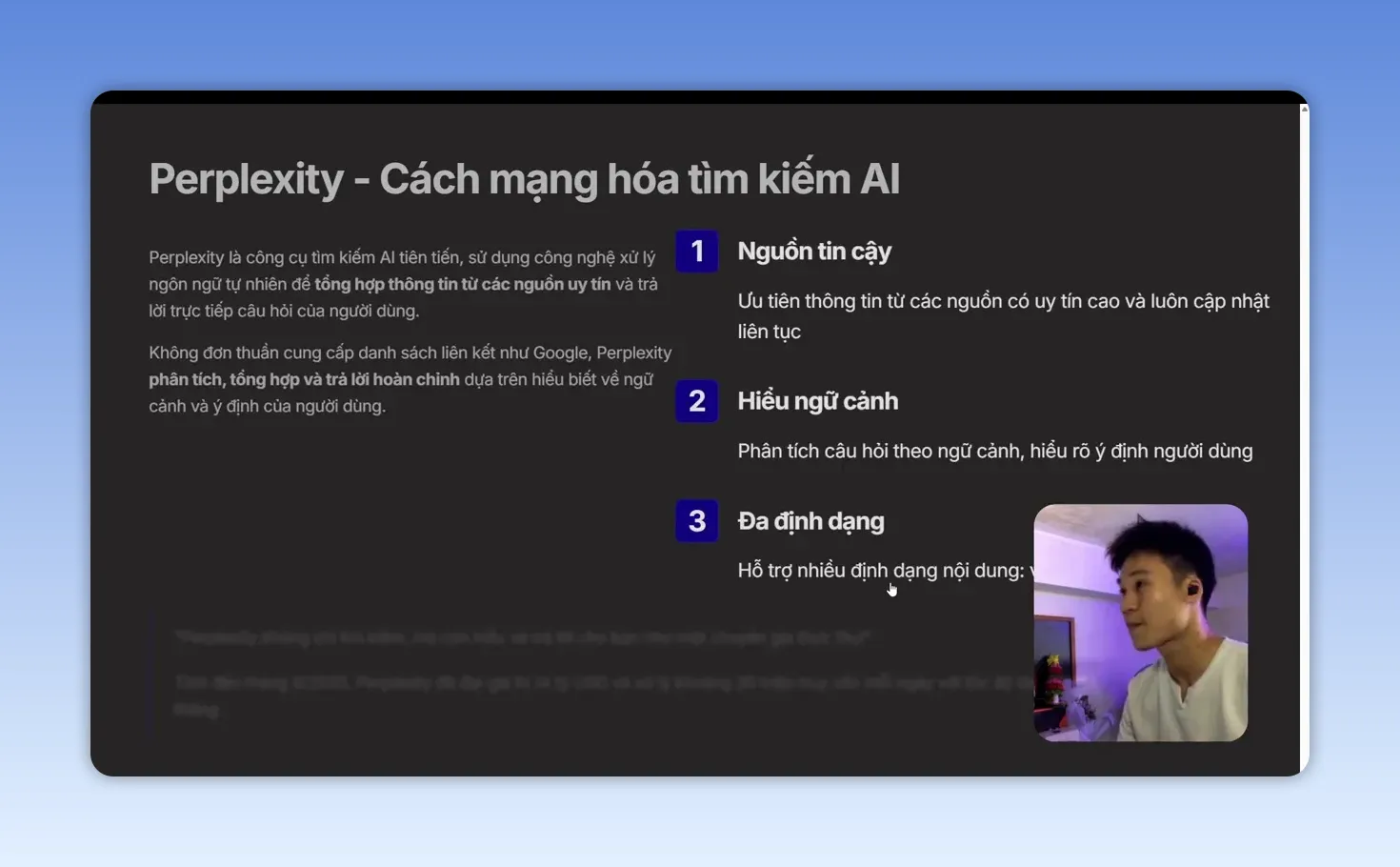 Slide về Perplexity AI với ba điểm là nguồn tin cậy, hiểu ngữ cảnh và đa định dạng