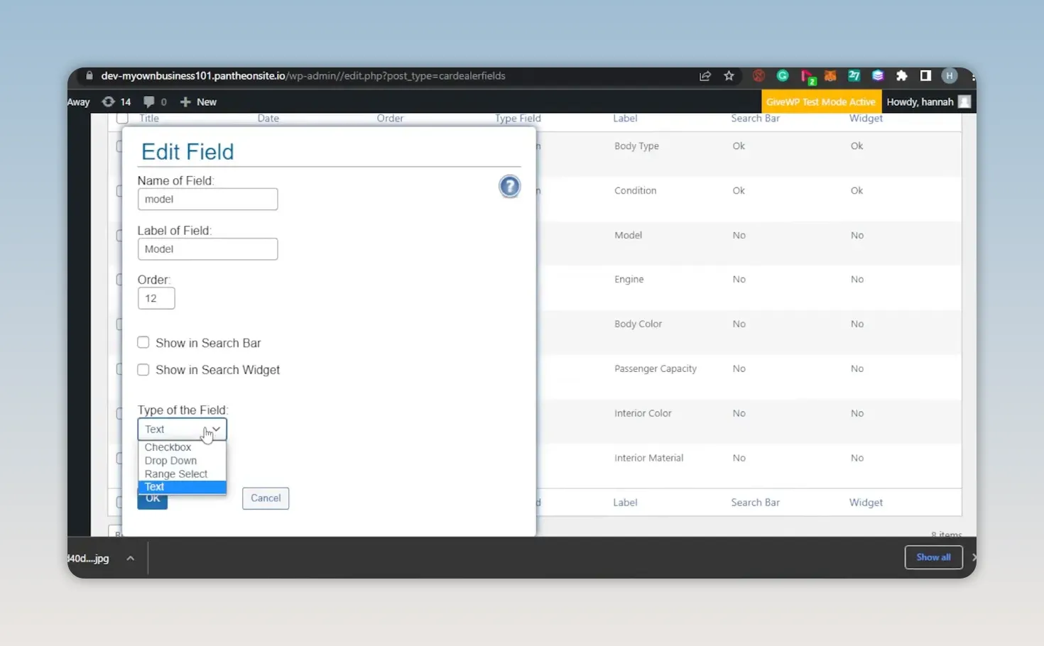 Cửa sổ chỉnh sửa trường dữ liệu trong WordPress với tùy chọn kiểu trường