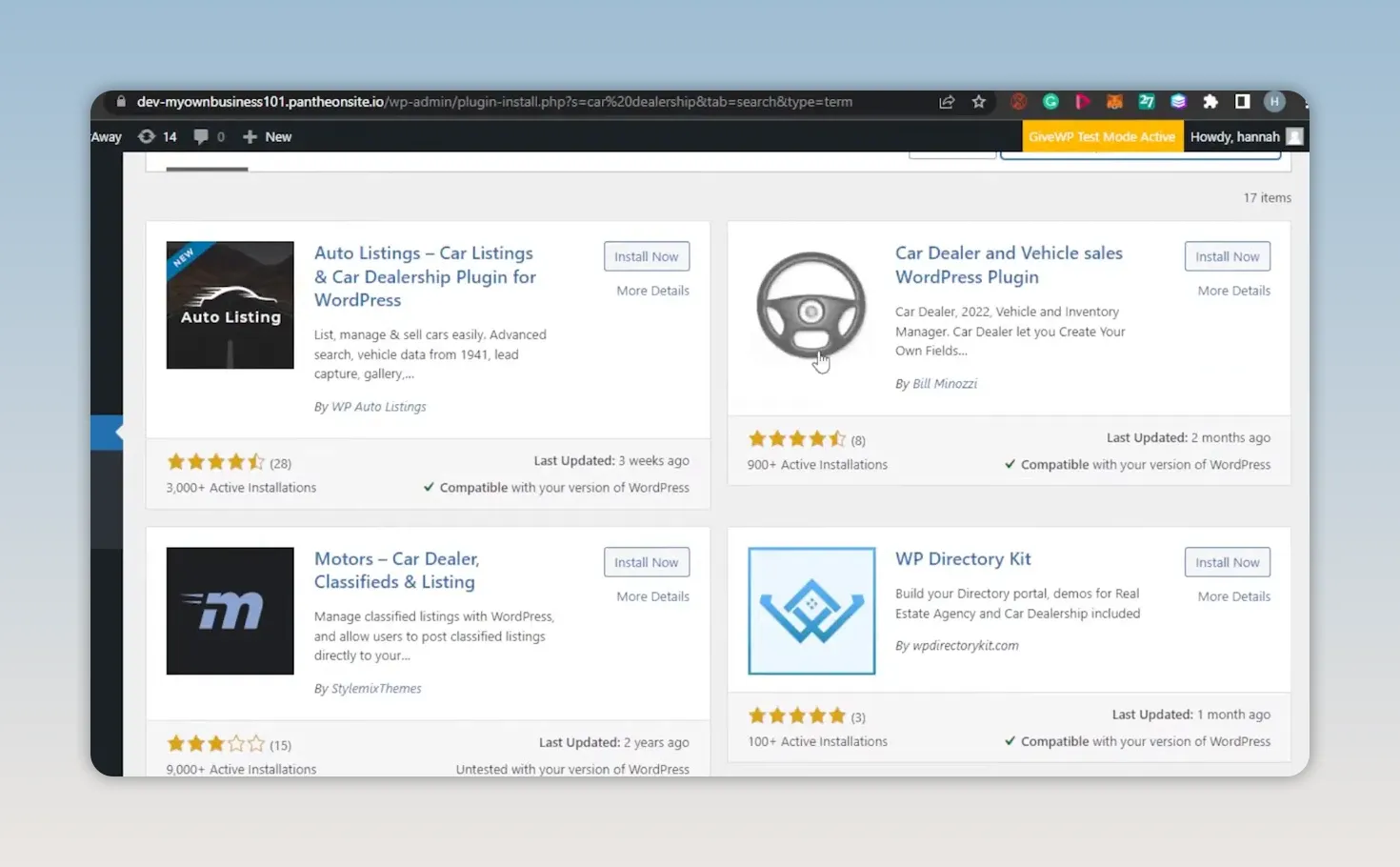 Trang tìm kiếm plugin WordPress hiển thị các plugin liên quan đến danh sách xe và đại lý ô tô