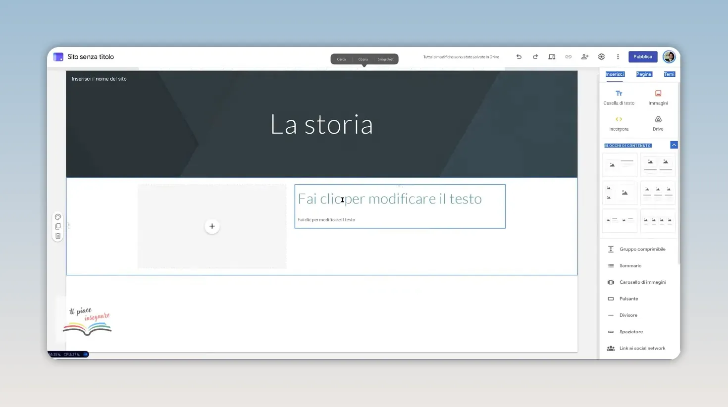 Editor di Google Sites con il titolo La storia e una sezione contenente un riquadro per immagine e uno per testo