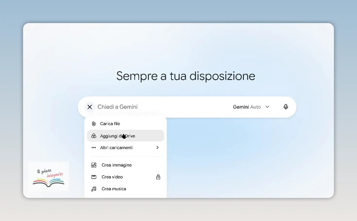 Menu degli allegati di Gemini con la voce Aggiungi da Drive