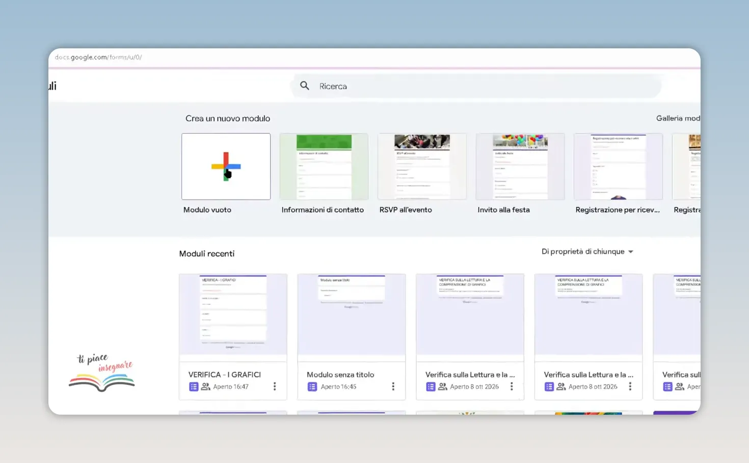 Pagina iniziale di Google Moduli con il riquadro Modulo vuoto