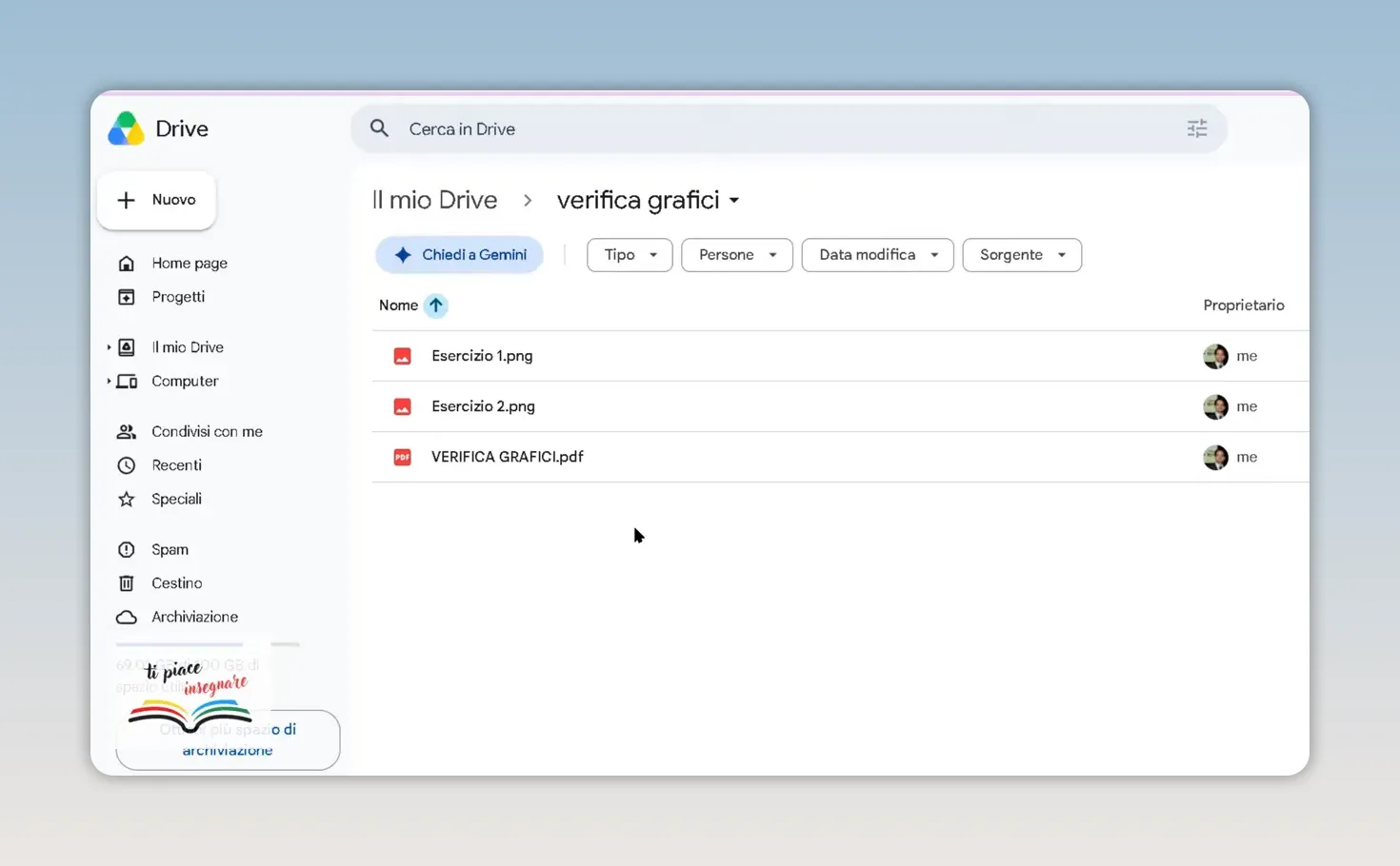 Cartella di Google Drive con due file immagine degli esercizi e il PDF della verifica