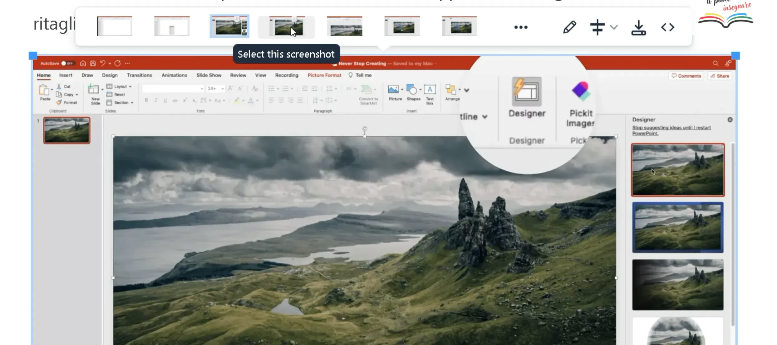 Selezione di miniature alternative per scegliere lo screenshot ideale